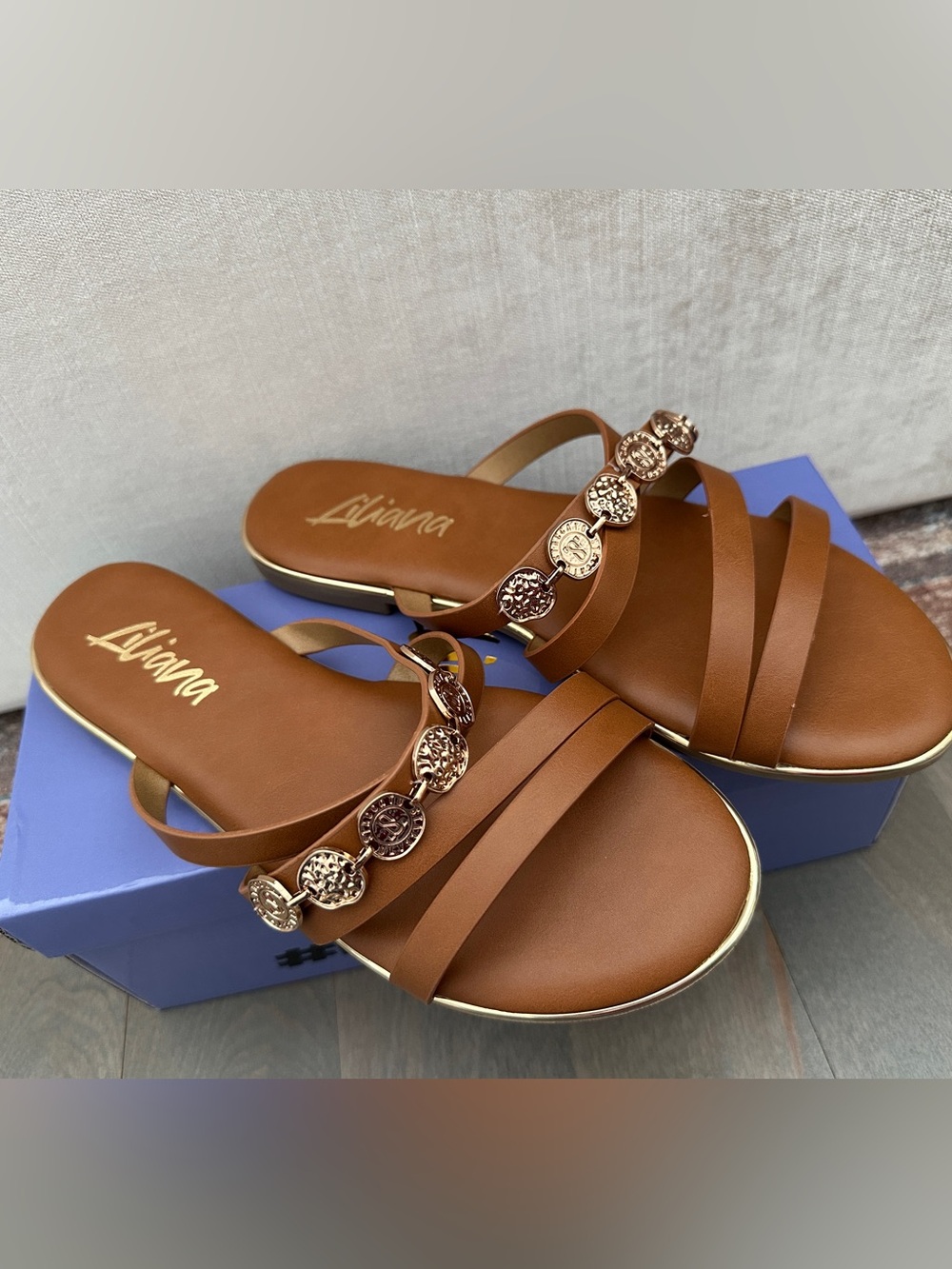 Liliana Tan Brown Slide Sandals with Gold Medallion Accents